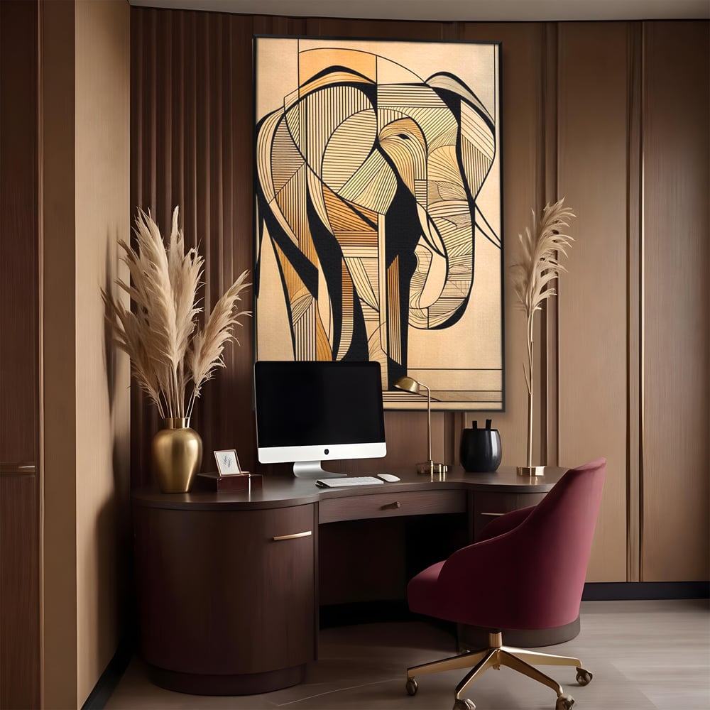 Tablou canvas cu tablou canvas cu elefant geometric, in rama de aluminiu negru, pe perete intr-un birou